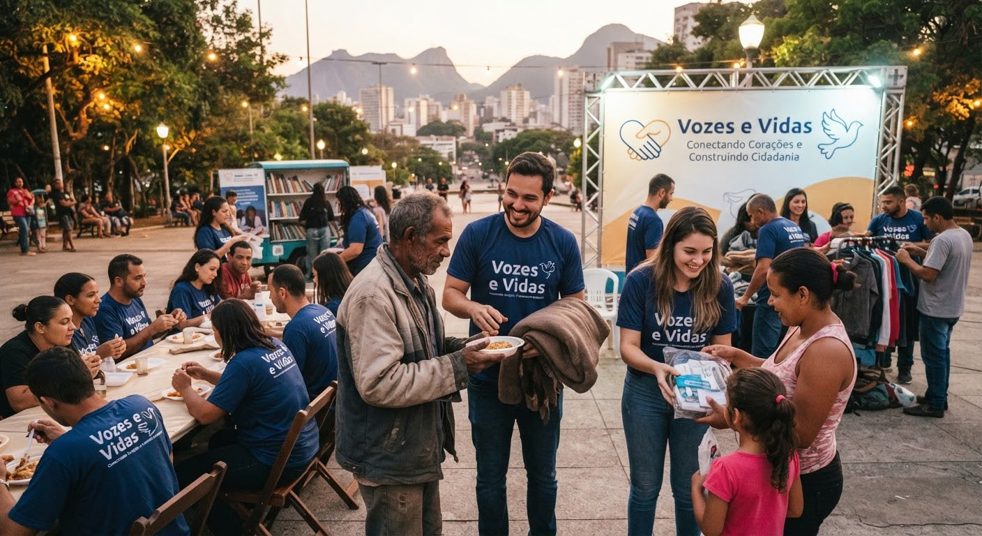 Voluntários da Vozes e Vidas servindo refeições e distribuindo agasalhos em uma praça de Belo Horizonte ao entardecer
