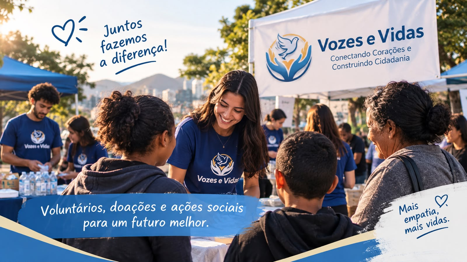 Voluntária da Vozes e Vidas sorrindo ao atender pessoas em uma ação social ao ar livre. Juntos fazemos a diferença! Voluntários, doações e ações sociais para um futuro melhor.