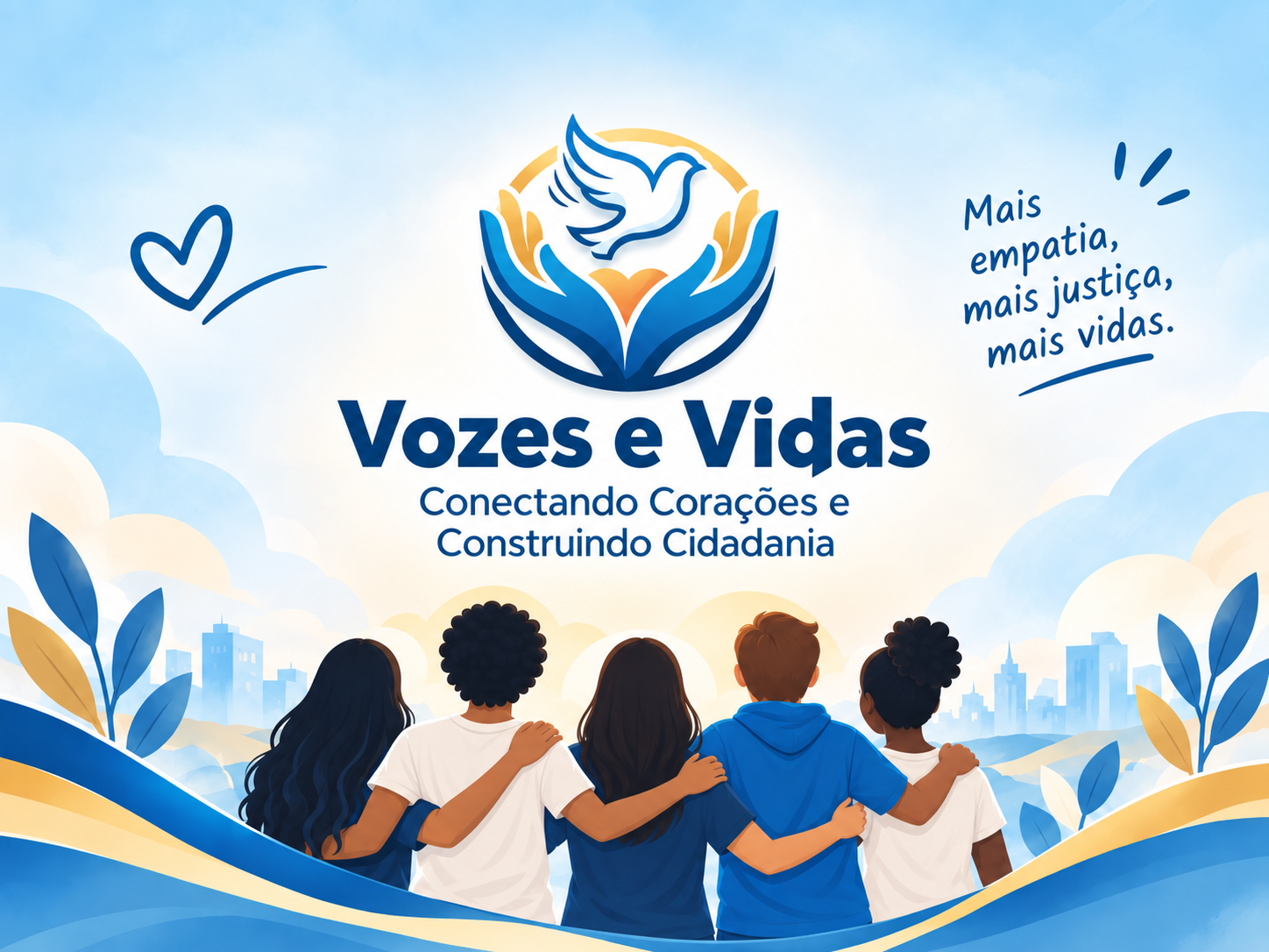 Vozes e Vidas: Conectando corações e construindo cidadania. Pessoas abraçadas olhando para a cidade, sob o lema Mais empatia, mais justiça, mais vidas.